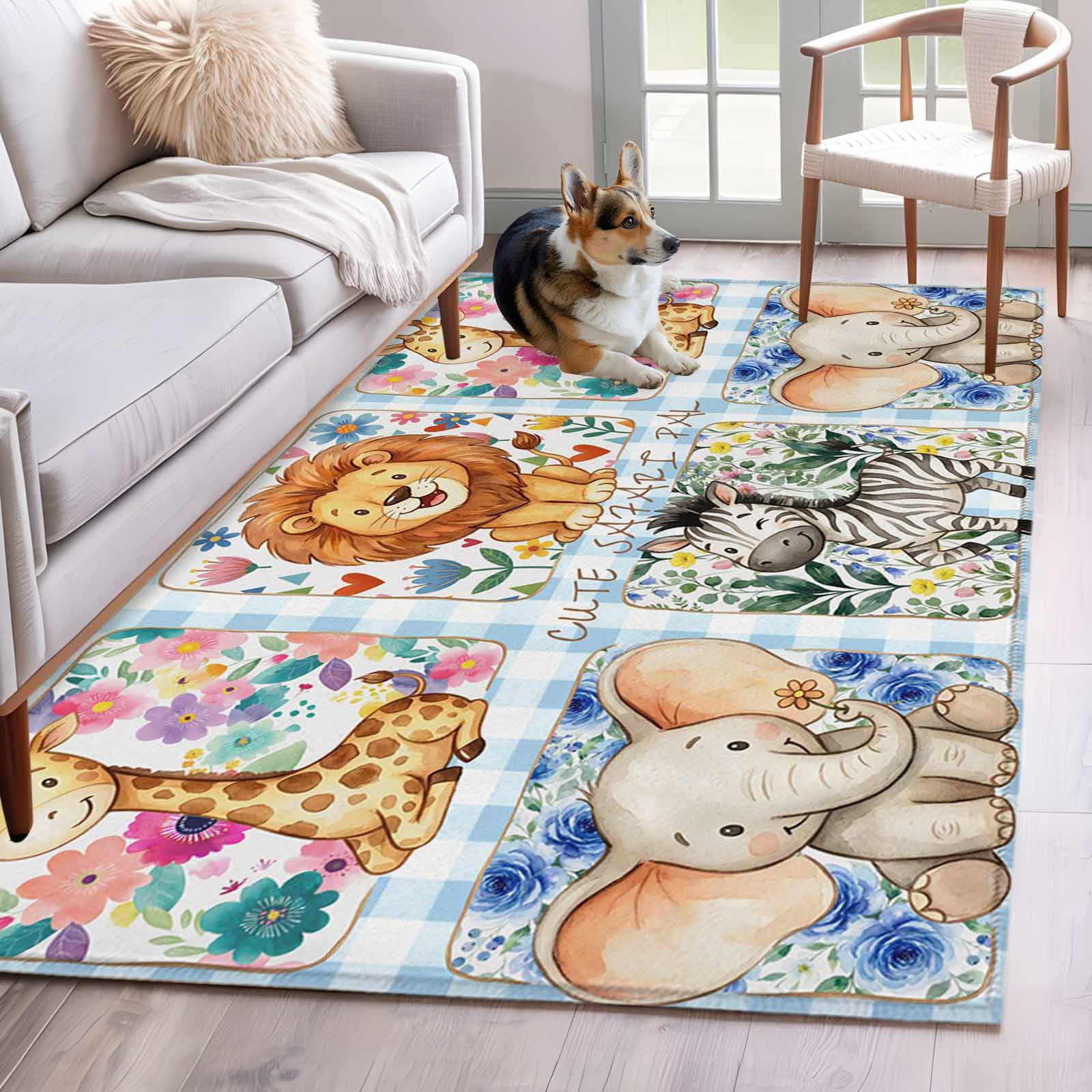Cartoon Animal Area Rugs 3x5 ft Cute Lion Elephant Giraffe Zebra Flower ...