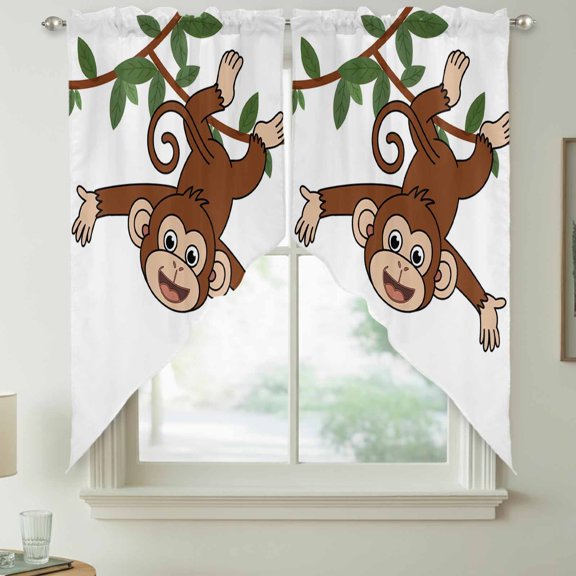 Cartoon Animal Brown Monkey Swag Valances for Windows, Tree Branches Vine Rod Pocket Short Curtains, Machine Washable Kitchen Window Topper for Bathroom Living Room, 28 x 36 Inch, 1 Pair