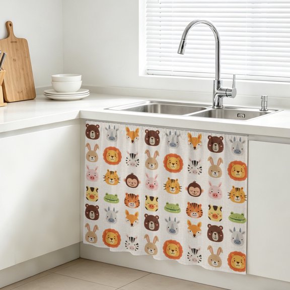 Cartoon Animal Cabinet Curtain, Lion Tiger Monkey Zebra Rabbit Linen Sink Skirt for Bathroom, Under Sink shelf Curtain Privacy Drape for Kitchen Laundry Room 28x35in