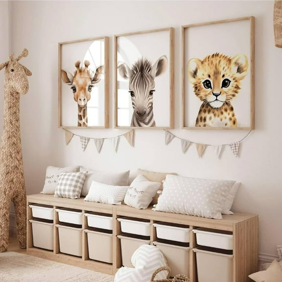 Cartoon Animal Canvas Wall Art - Baby Bear Painting, Pink Moon Star Cloud Art, Cute Animal Prints, Children Room Nursery Artwork