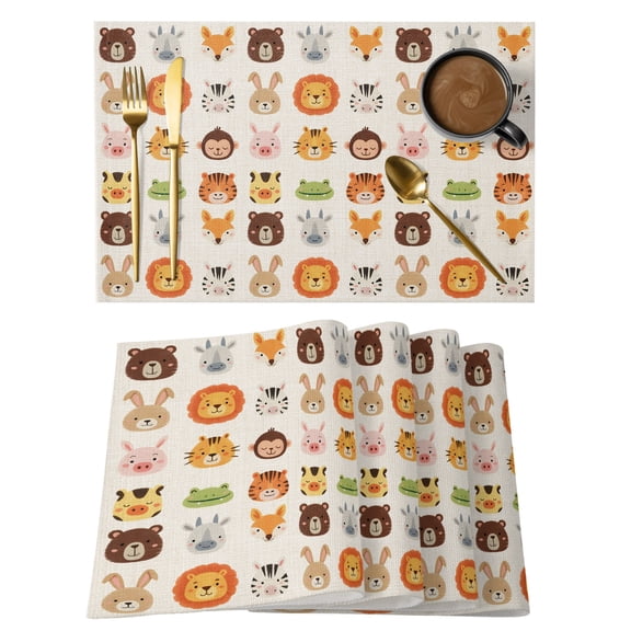 Cartoon Animal Cotton Linen Placemats Set of 2, Lion Tiger Monkey Zebra Rabbit Linen Washable Table Place Mats Heat Insulating Placemat for Dining Room Kitchen Daily Use 13 x 19 Inch
