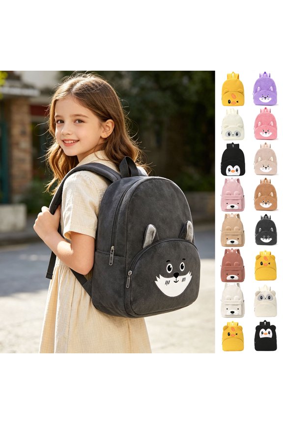 Cartoon Animal Cute Backpack Large Capacity Corduroy Daypack A-Black