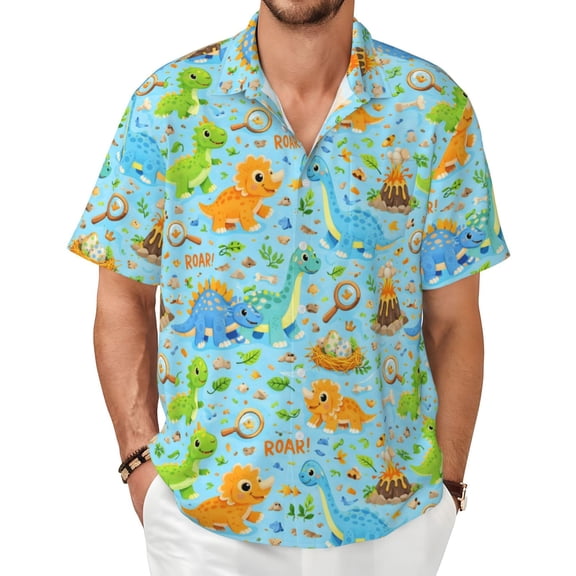 Cartoon Animal Cute Dinosaur Men's Shirts Short-Sleeved with All-Over Prints Button-Up Shirts