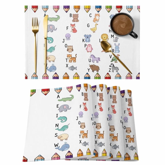Cartoon Animal Cute Letter Placemats Set of 6,Wipeable Washable Table Mats for Dining Tables, Colored Crayon Place Mats for Kitchen Event Party Tabletop Decor