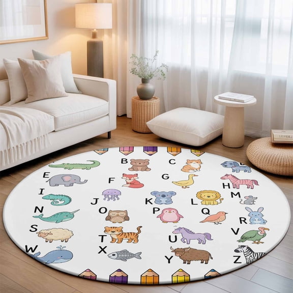 Cartoon Animal Cute Letter Round Rug 5ft Colored Crayon Washable Area Rugs for Living Room Bedroom Entryway Non Slip Entrance Door Mat Indoor Floor Carpet