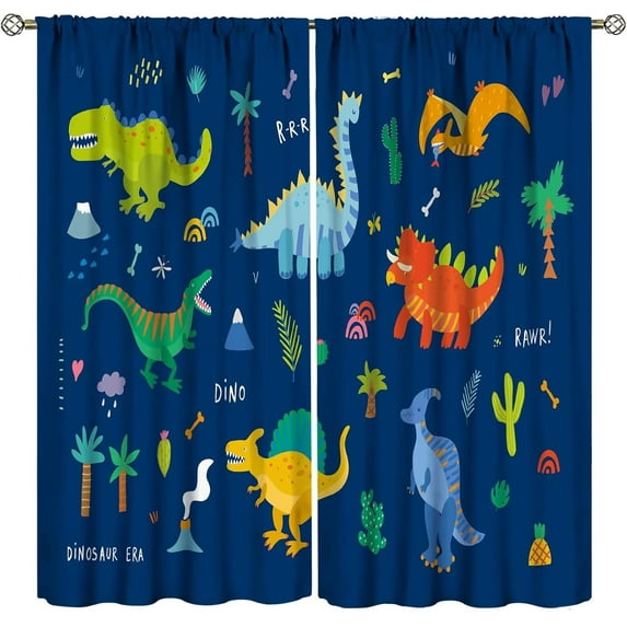 Cartoon Animal Dinosaur Curtains Cute Kids Deep Color Curtain with Rod Pocket for Nursery Bedroom Home Decor Drapes Window Treatments 2 Panels Set 42x63in