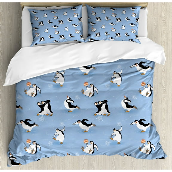 Cartoon Animal Duvet Cover Set Queen Size, Skating Funny Penguins Fun Activity Cheerful Smiling Mascots Cute Couple, Decorative 3 Piece Bedding Set with 2 Pillow Shams, Multicolor, by Ambesonne