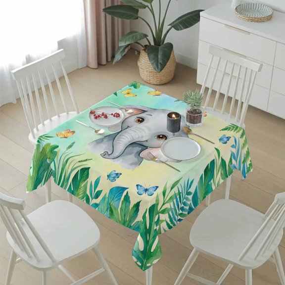 Cartoon Animal Elephants Table Cloth 54x54in, Waterproof Square Tablecloth Wipeable Tablecloths Tropical Plants Leaves Table Covers for Dining Tables Party Indoor Outdoor