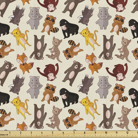Ambesonne Cartoon Animal Fabric by the Yard Upholstery, Friendly Jungle, 2 Yards, Multicolor