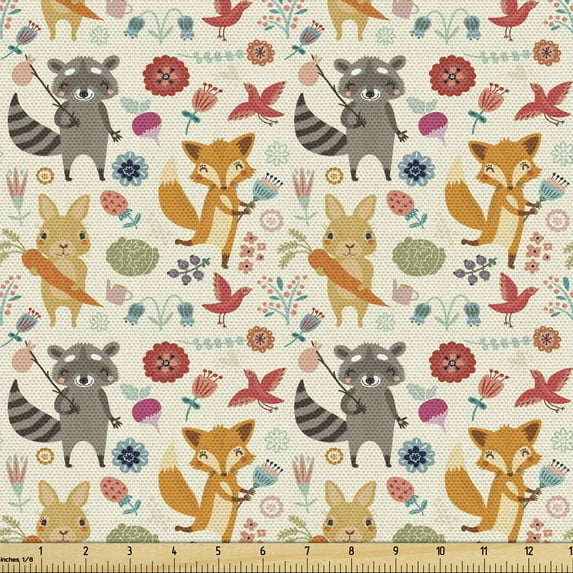 Ambesonne Cartoon Animal Fabric by the Yard Upholstery, Forest Life, 1 Yard, Multicolor