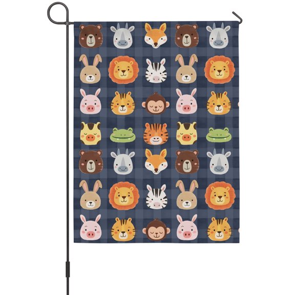 Cartoon Animal Garden Flags For Outdoor, Lion Tiger Monkey Zebra Rabbit Blue Plaid Small Double Side Yard Flags Weather Proof Garden Decor for Lawn Outside Holiday 12 x 18 Inches