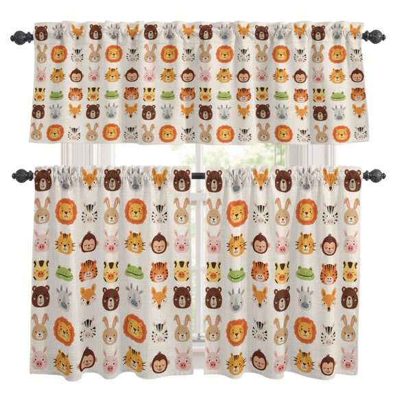 Cartoon Animal Kitchen Curtains Valances 3 Piece Set, Lion Tiger Monkey Zebra Rabbit Linen Rod Pocket Tier Curtain and Valance Drapes for Small Window 24 Inch Length for Bedroom Cafe