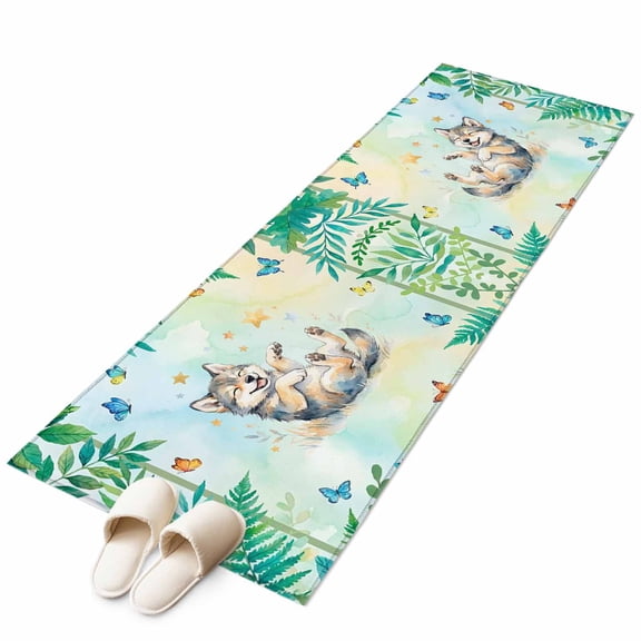 Cartoon Animal Kitchen Runner Rug 2x6 Washable Runners for Hallway Non Slip Funny Wolf Summer Tropical Palm Plants Large Area Rug Indoor Floor Carpet for Bathroom Laundry Entryway Bedroom Living Room