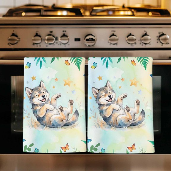 Cartoon Animal Kitchen Towels Set of 1, Funny Wolf Summer Tropical Palm Plants Absorbent Dish Towels for Kitchen, Microfiber Hand Towel, Quick Drying Tea Towel for Cleaning Decorative Dishcloths