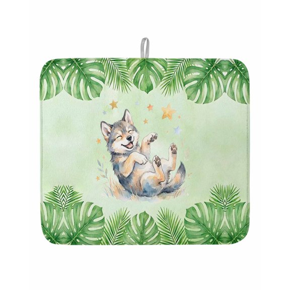 Cartoon Animal Little Wolves Dish Drying Mats for Kitchen Counter,Absorbent Microfiber Dish Drainer Rack Mat Tropical Plants Leaves Drying Pad for Sinks,Utensils,Countertops,16x18in