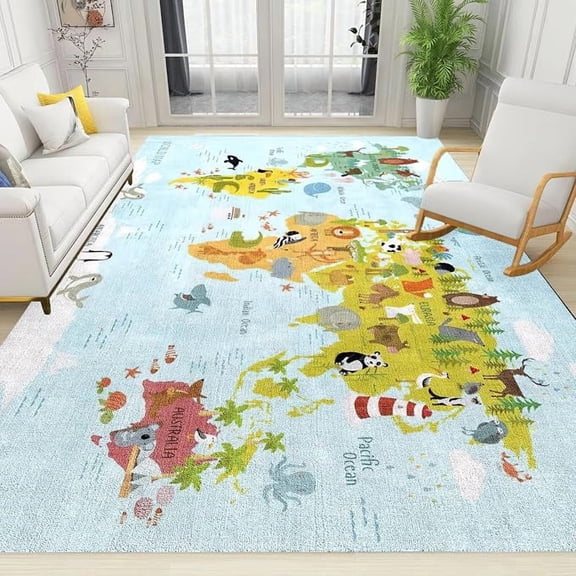 Cartoon Animal Map Area Rug, Fun World Map for Children's Enlightenment Non Slip Easy Care Kids Rugs, Breathable Durable Carpet for Indoor Bedroom Living Room Office Decor Rug 5 x 8ft