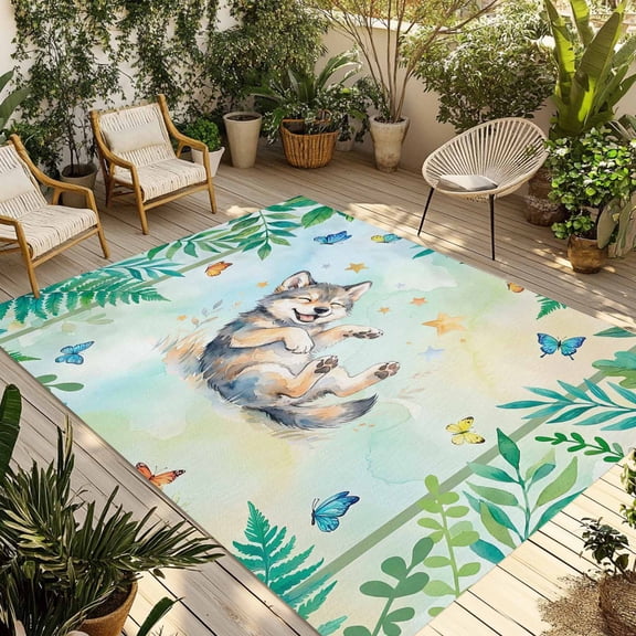 Cartoon Animal Outdoor Rug for Patio/Deck/Porch, Non-Slip Large Area Rug 3 x 5 Ft, Funny Wolf Summer Tropical Palm Plants Indoor Outdoor Rugs Washable Area Rugs, Reversible Camping Rug Carpet Runner
