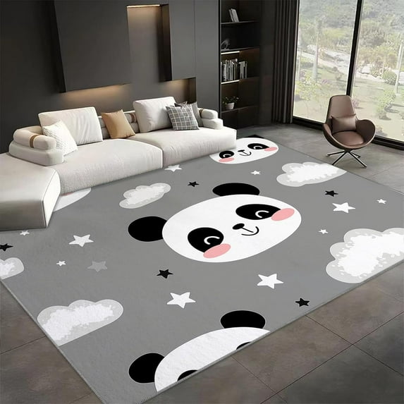 Cartoon Animal Panda Face Cloud Printed Design Carpet, Cartoon Panda Face Washable Rectangle Rug, Soft Short Pile Carpet For Bedroom Dining Room Non-Slip Rug 5x6ft