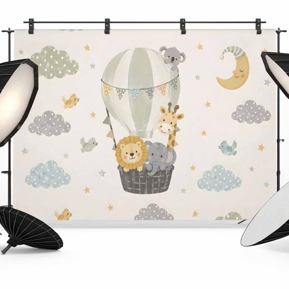 Cartoon Animal Pattern Backdrops for Photography, Hot Air Balloon Lion Giraffe Clouds Moon Fabric Photo Background Sturdy Studio Props for Photo Studio, Video Recording, Booth & Photoshoot 7x5ft