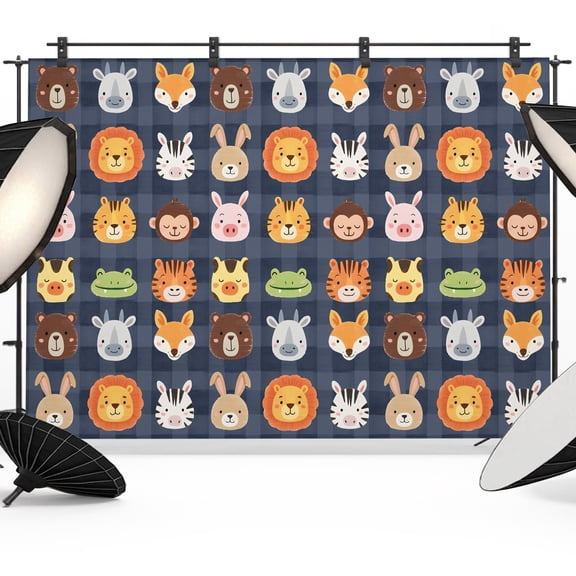 Cartoon Animal Pattern Backdrops for Photography, Lion Tiger Monkey Zebra Rabbit Blue Plaid Fabric Photo Background Sturdy Studio Props for Photo Studio, Video Recording, Booth & Photoshoot 12x8ft