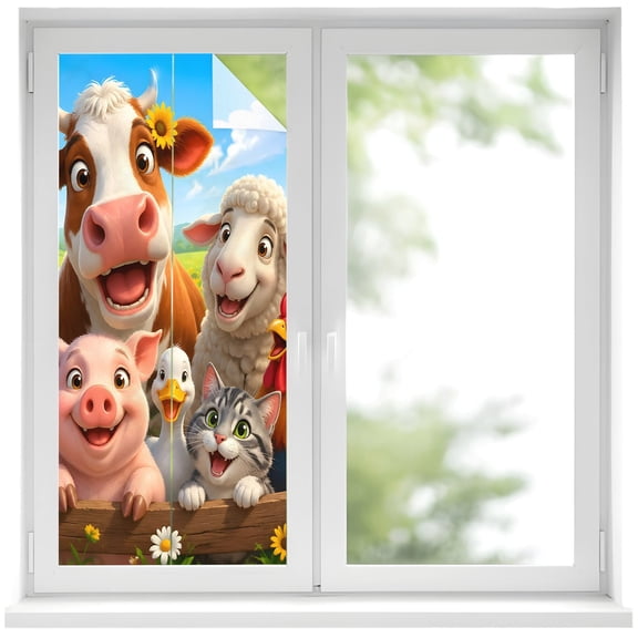 Cartoon Animal Pattern Window Privacy Film, Cow Sheep Horse Pig Kitten Rustic Farmhouse Frosted Glass Window Clings Static Cling UV Heat Blocking Reusable Door Sticker for Bathroom 19.6 x 39.3 Inch