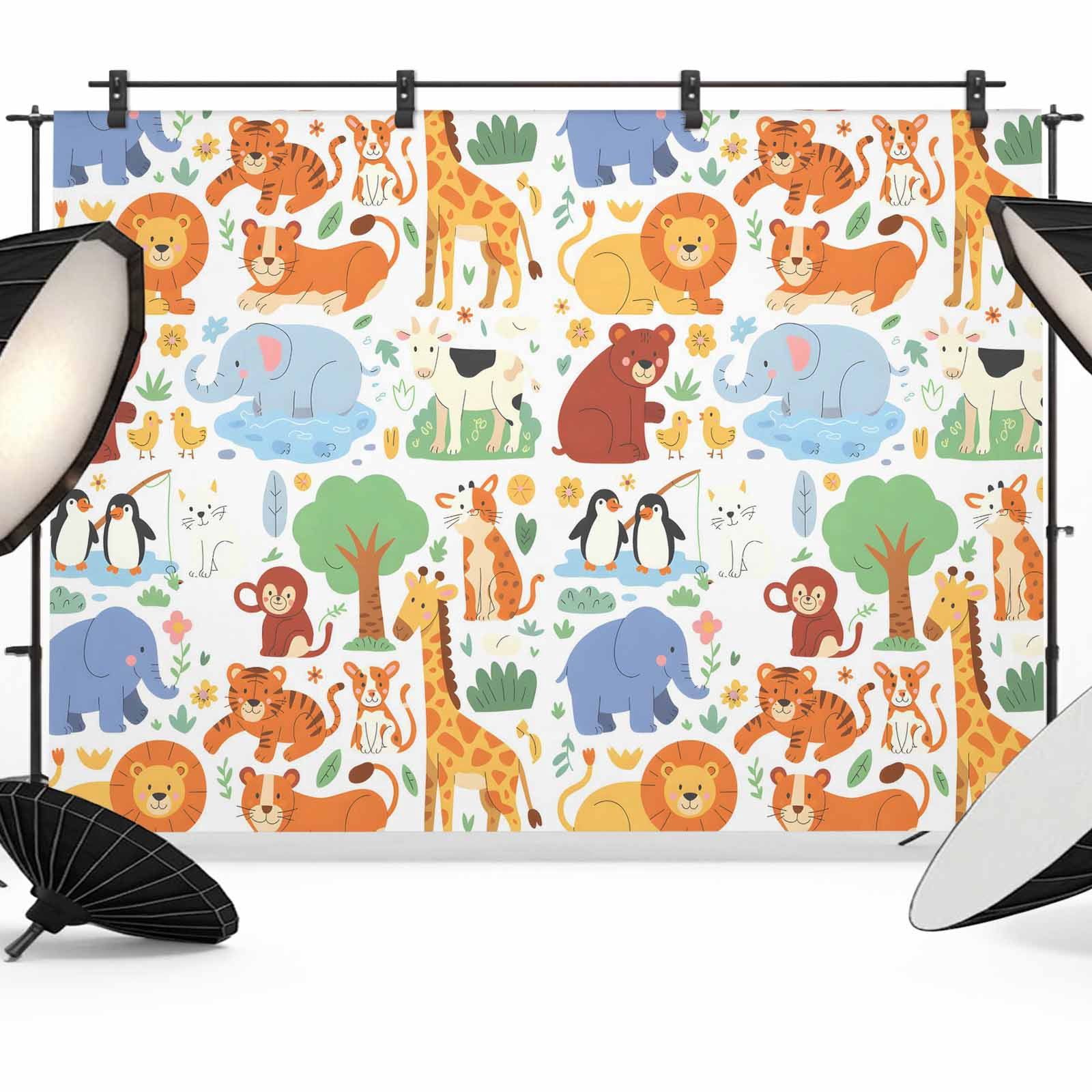 Cartoon Animal Photography Backdrop 7x5FT, Tiger Lion Elephant Penguins ...
