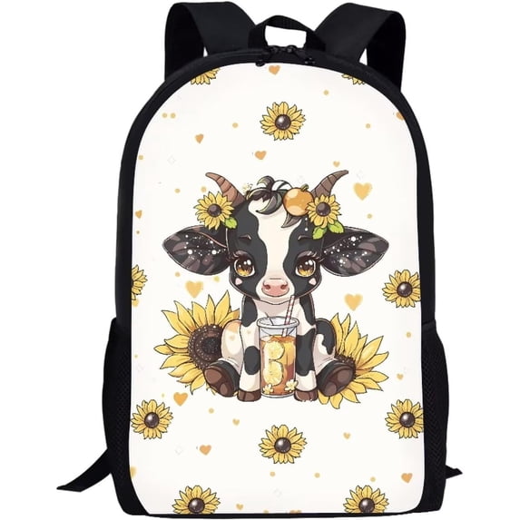 Cartoon Animal Print Sunflower Highland Cow Kawaii Casual BackpackLarge ...