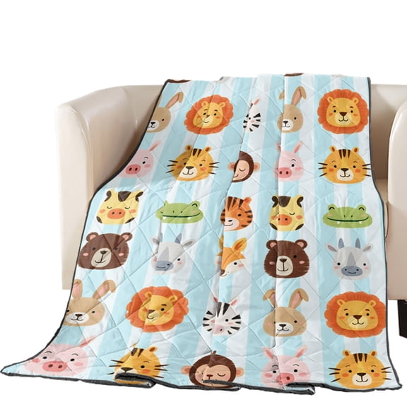 Cartoon Animal Quilted Comforters Cooling Blanket King Size, Lion Tiger Monkey Zebra Rabbit Blue Strip Cold Comfort for Hot Sleepers Lightweight Air Conditioning Quilt Blanket for Bed