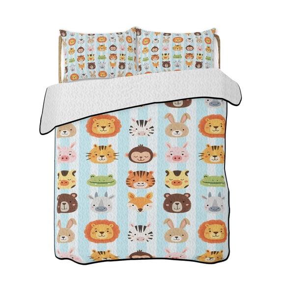 Cartoon Animal Quilts Bedding Set Queen Size Lion Tiger Monkey Zebra Rabbit Blue Strip Lightweight Quilted Bedspread 3 Piece Bed Quilt with 2 Pillow Shams All Season for Bedroom 78" x 90"