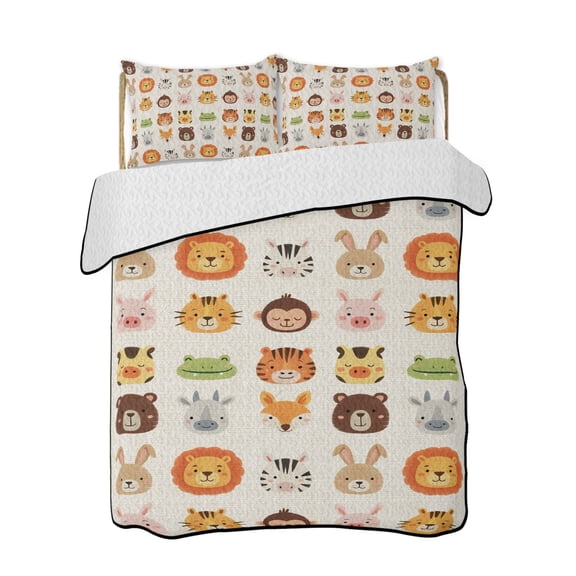 Cartoon Animal Quilts Bedding Set Queen Size Lion Tiger Monkey Zebra Rabbit Linen Lightweight Quilted Bedspread 3 Piece Bed Quilt with 2 Pillow Shams All Season for Bedroom 78" x 90"