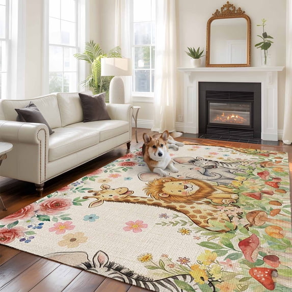 Cartoon Animal Rose Area Rugs 5x7 ft Retro Cute Lion Elephant Giraffe Zebra Mushroom Washable Rug Non Slip Indoor Carpet Absorbent Floor Mat for Living Room Bedroom Dining Room
