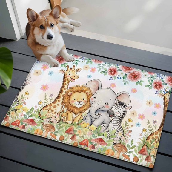 Cartoon Animal Rose Front Door Rugs 2x3 ft Cute Lion Elephant Giraffe Zebra Flower Mushroom Small Rug for Entryway Non Slip Washable Bathroom Door Mat Absorbent Floor Mat for Indoor Entrance