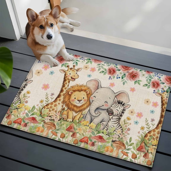 Cartoon Animal Rose Front Door Rugs 2x3 ft Retro Cute Lion Elephant Giraffe Zebra Mushroom Small Rug for Entryway Non Slip Washable Bathroom Door Mat Absorbent Floor Mat for Indoor Entrance