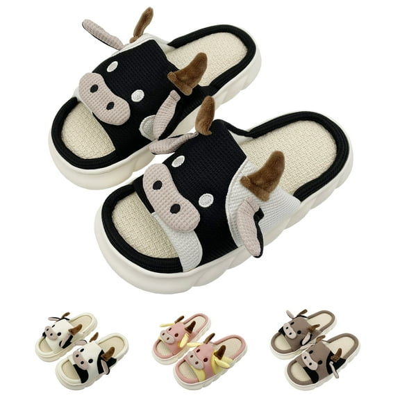 Cow Slippers, House Slippers For Women/Men Indoor, Cute Slippers Cartoon Animal Fluffy Cotton Linen Comfortable Bedroom Kawaii Cloud Slides