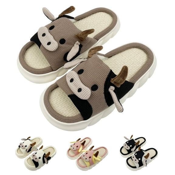 Cow Slippers, House Slippers For Women/Men Indoor, Cute Slippers Cartoon Animal Fluffy Cotton Linen Comfortable Bedroom Kawaii Cloud Slides