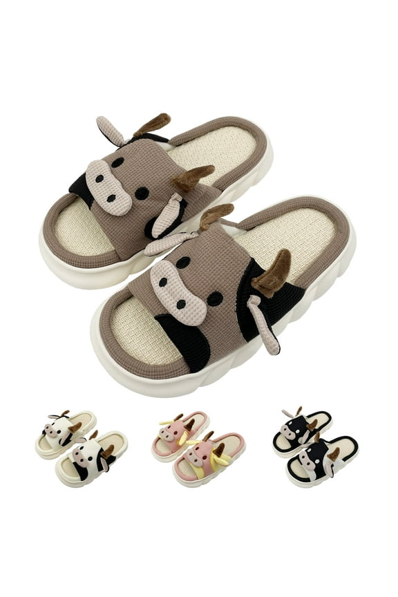 Cow Slippers, House Slippers For Women/Men Indoor, Cute Slippers Cartoon Animal Fluffy Cotton Linen Comfortable Bedroom Kawaii Cloud Slides