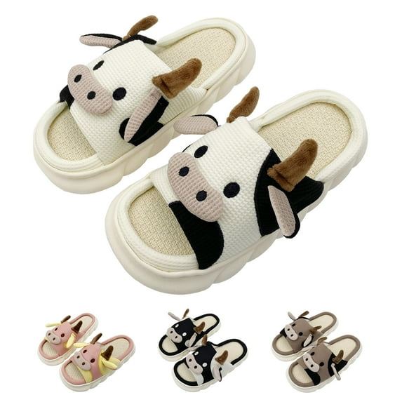 Cow Slippers, House Slippers For Women/Men Indoor, Cute Slippers Cartoon Animal Fluffy Cotton Linen Comfortable Bedroom Kawaii Cloud Slides