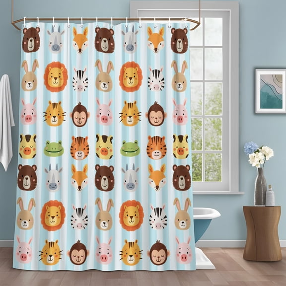 Cartoon Animal Shower Curtain Set with Hooks, Lion Tiger Monkey Zebra Rabbit Blue Strip Water Repellent Sturdy Shower Curtains for Bathroom Decoration, Machine Washable 36x72 Inch