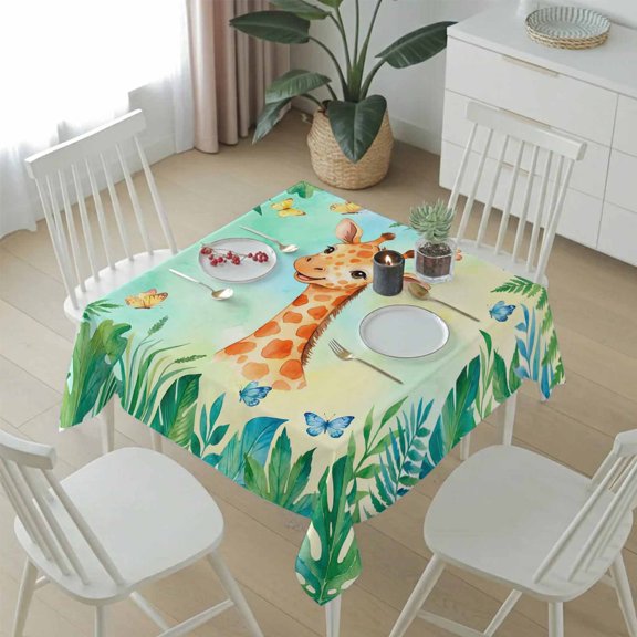 Cartoon Animal Small Giraffes Table Cloth 54x54in, Waterproof Square Tablecloth Wipeable Tablecloths Tropical Plants Leaves Table Covers for Dining Tables Party Indoor Outdoor