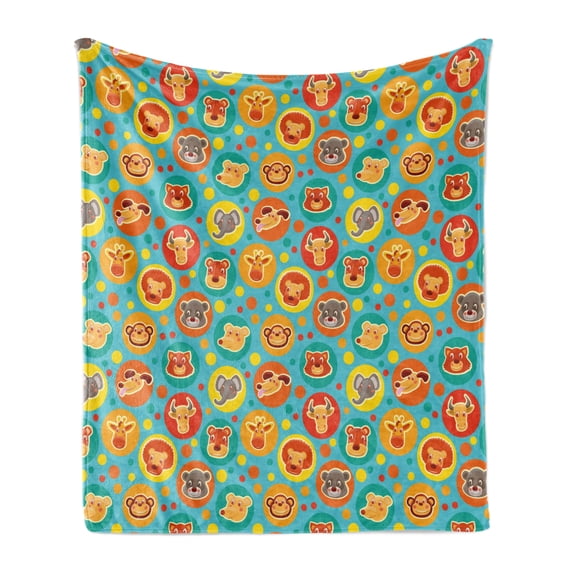 Cartoon Animal Soft Flannel Fleece Blanket, Comic Animal Faces on Colorful Dots Happy Kindergarten Fun Characters Kids, Cozy Plush for Indoor and Outdoor Use, 60" x 80", Multicolor, by Ambesonne