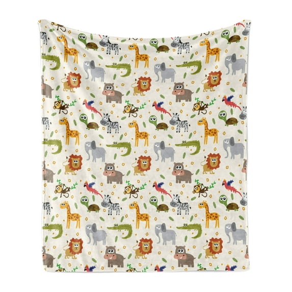 Cartoon Animal Soft Flannel Fleece Throw Blanket, Australian Childish Fauna Silly Faces Safari Lion Crocodile, Cozy Plush for Indoor and Outdoor Use, 70" x 90", Multicolor, by Ambesonne