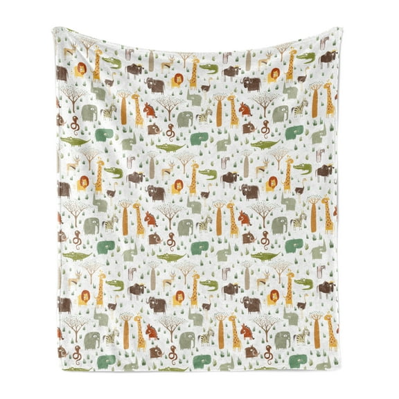 Cartoon Animal Soft Flannel Fleece Throw Blanket, Grunge Savannah Fauna Childhood Theme Safari Funny Wildlife Pattern, Cozy Plush for Indoor and Outdoor Use, 50" x 70", Multicolor, by Ambesonne