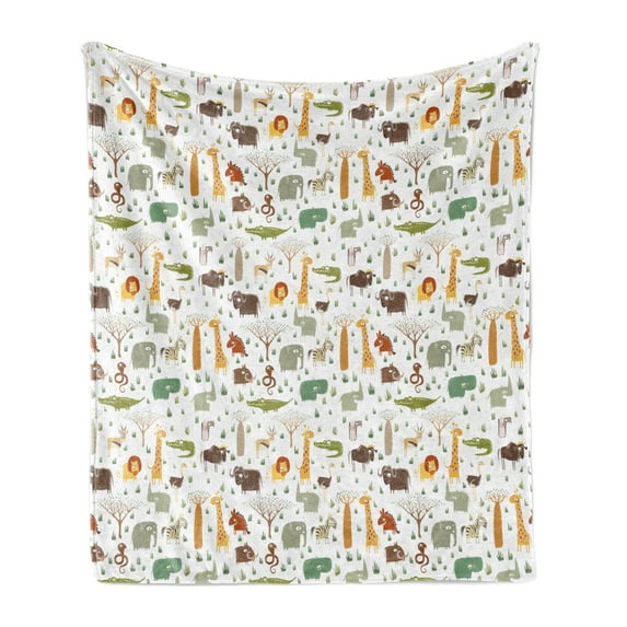 Cartoon Animal Soft Flannel Fleece Throw Blanket, Grunge Savannah Fauna Childhood Theme Safari Funny Wildlife Pattern, Cozy Plush for Indoor and Outdoor Use, 60" x 80", Multicolor, by Ambesonne