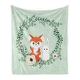 thumbnail image 1 of Cartoon Animal Soft Flannel Fleece Throw Blanket, Spring Friends Rabbit and Fox Floral Cartoon, Cozy Plush for Indoor and Outdoor Use, 50" x 70", Pale Green Vermilion, by Ambesonne, 1 of 5