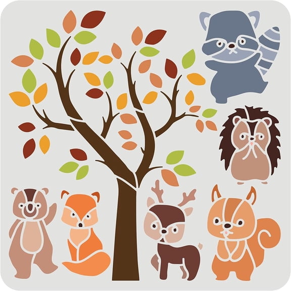 Cartoon Animal Stencil 11.8x11.8 inch Plastic PET Bear Fox Lion Painting Stencil Reusable Deer Squirrel Koala Craft Stencil Tree Leaves Drawing
