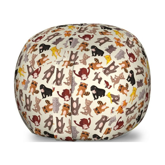 Cartoon Animal Storage Toy Bag Chair, Friendly Jungle Animals Happy Mammals Life in Forest Themed Print, Stuffed Animal Organizer Washable Bag, Small Size, Multicolor, by Ambesonne