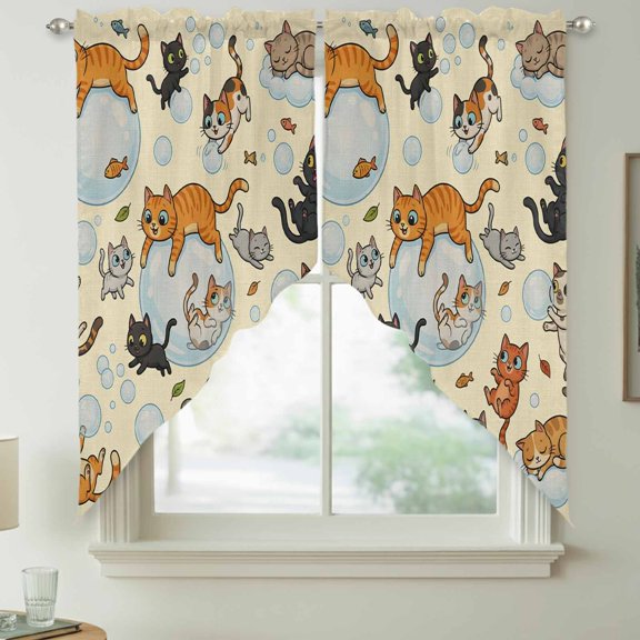 Cartoon Animal Swag Valances for Windows, Cute Cats Fish Bubbles Linen Texture Rod Pocket Short Curtains, Machine Washable Kitchen Window Topper for Bathroom Living Room, 28 x 36 Inch, 1 Pair