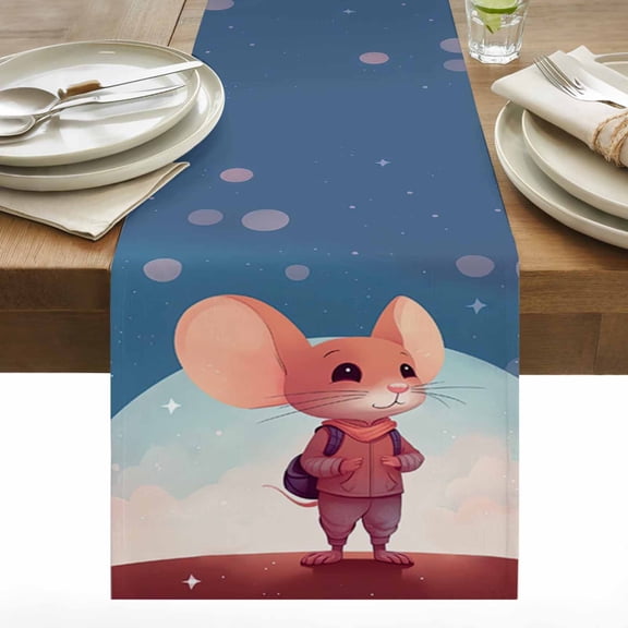 Cartoon Animal Table Runner 13x36 inch Mouse Full Moon Star Backpack Travel Cotton Linen Dining Table Runner Ideal for Dresser Kitchen Coffee Tables - Machine Washable