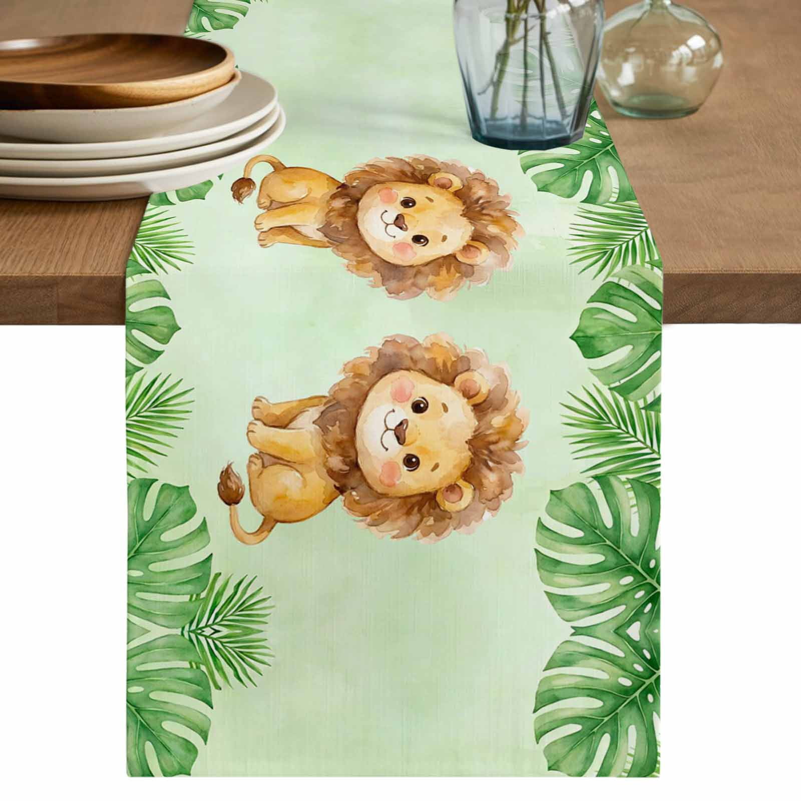 Cartoon Animal Table Runner 72 Inches, Funny Lion Summer Tropical Palm ...