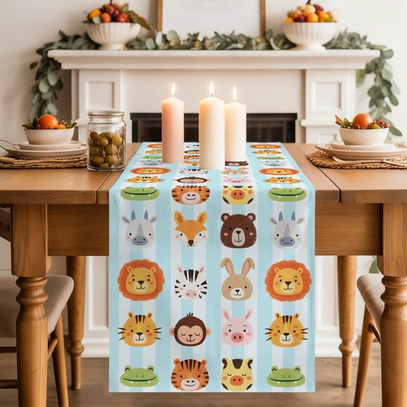 Cartoon Animal Table Runner, Lion Tiger Monkey Zebra Rabbit Blue Strip Washable Cotton-linen Table Runners Dining Kitchen Decoration for Everyday Home Wedding Party Decor, 13 x 36 Inch